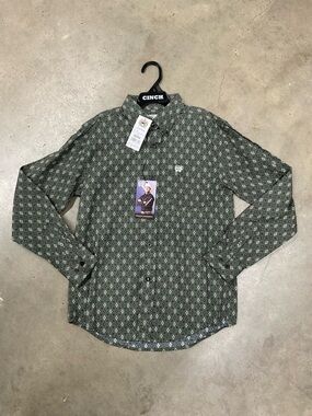 Cinch Olive Green Diamond Print Button-Down Shirt